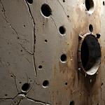 **Detailed FPS environment:** Close-up of a weathered wall in a first-person shooter game. Showcasing realistic details like bullet holes, scratches, and dust. Use normal and displacement mapping to enhance depth and texture.