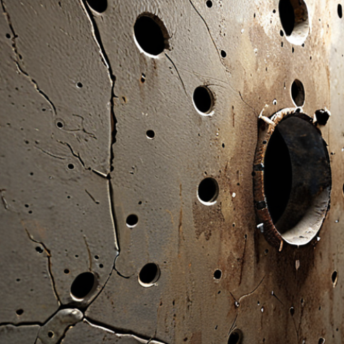 Home 4 **Detailed FPS environment:** Close-up of a weathered wall in a first-person shooter game. Showcasing realistic details like bullet holes, scratches, and dust. Use normal and displacement mapping to enhance depth and texture.