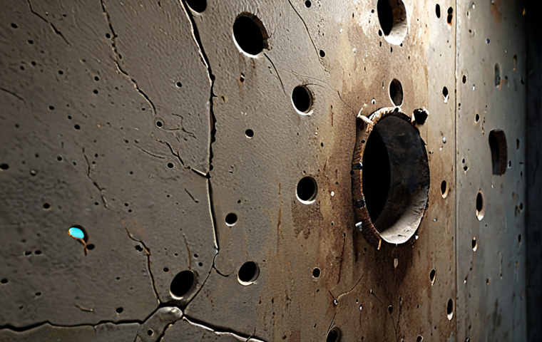 **Detailed FPS environment:** Close-up of a weathered wall in a first-person shooter game. Showcasing realistic details like bullet holes, scratches, and dust. Use normal and displacement mapping to enhance depth and texture.