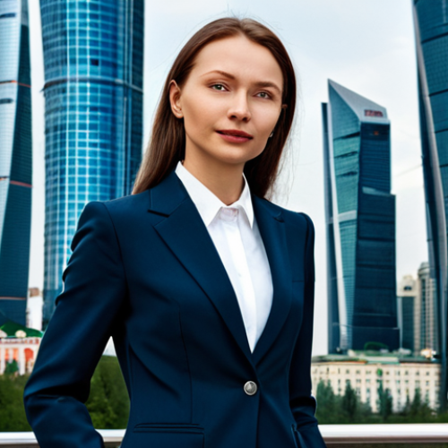 Home 9 **A professional woman in a stylish business suit, standing confidently in front of the Moscow City skyscrapers. Fully clothed, appropriate attire, safe for work, perfect anatomy, natural proportions, professional corporate portrait, high quality.**