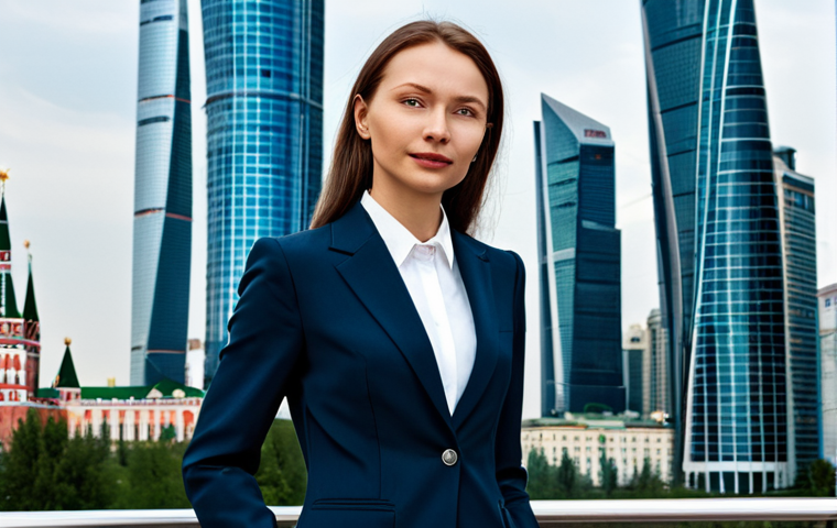 **A professional woman in a stylish business suit, standing confidently in front of the Moscow City skyscrapers. Fully clothed, appropriate attire, safe for work, perfect anatomy, natural proportions, professional corporate portrait, high quality.**
